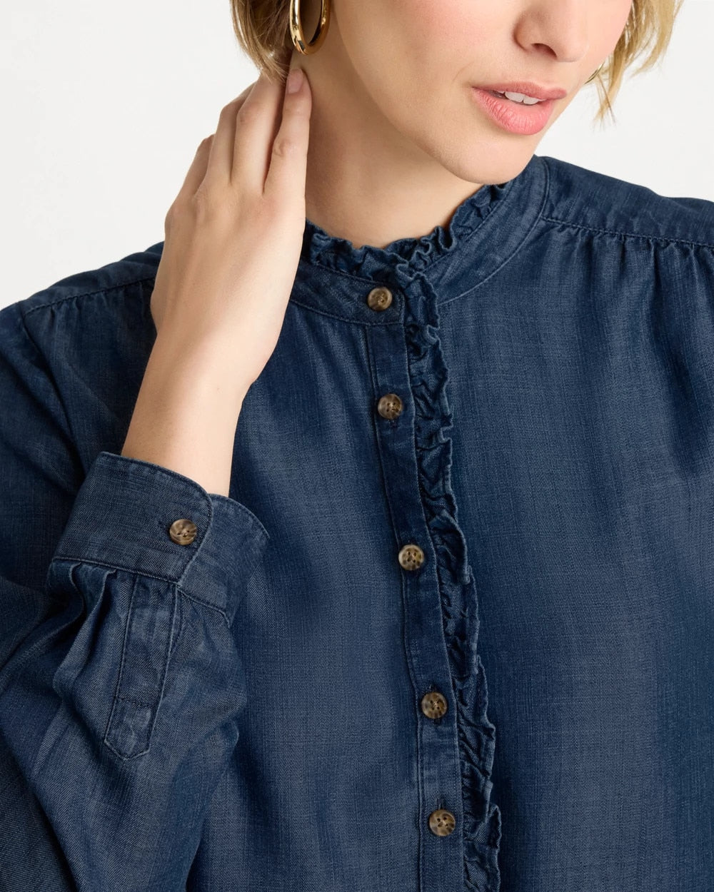 Chico's Tencel Denim Ruffled Popover Shirt Solana Indigo