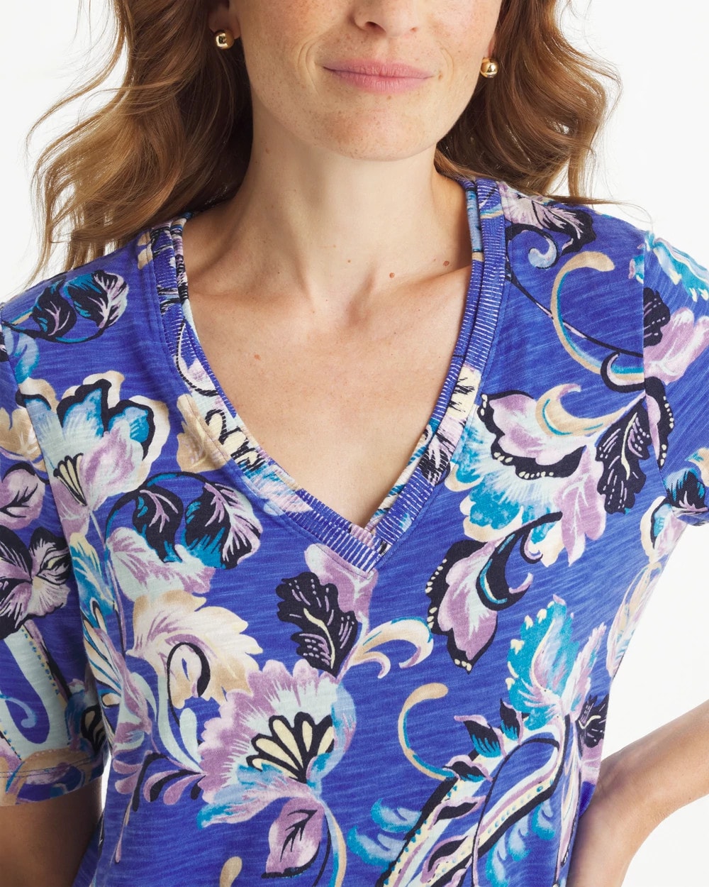 Chico's Paisley Cotton Slub V-Neck Tee Amparo Blue