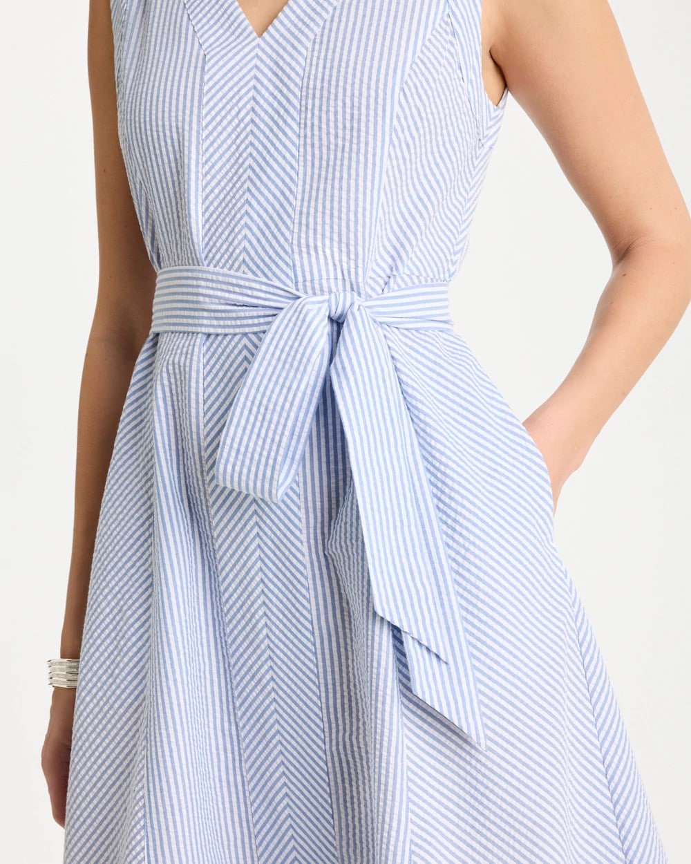 Chico's Seersucker V-Neck Sleeveless Dress Light Blue