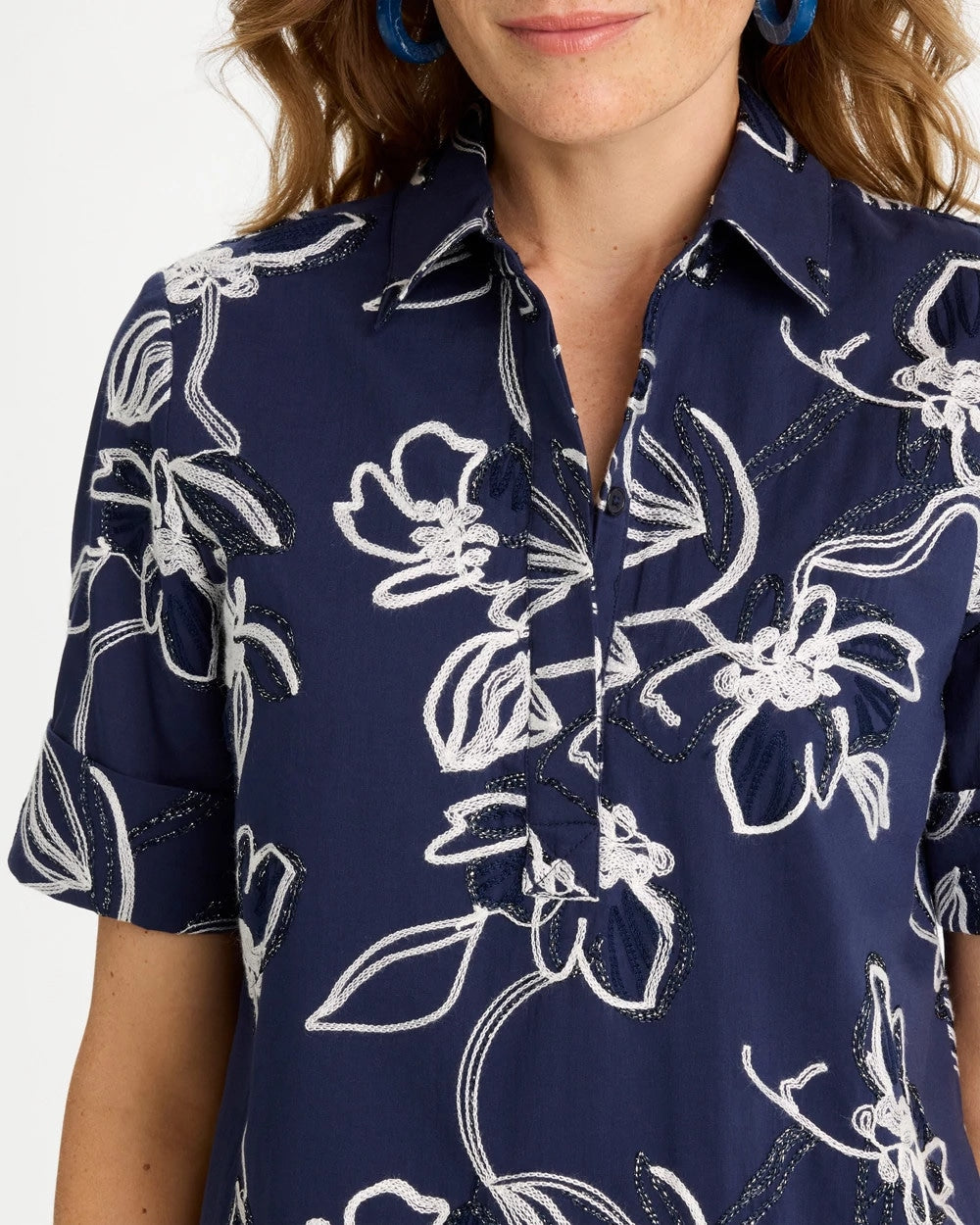 Chico's Embroidered Floral Dress Passport Blue