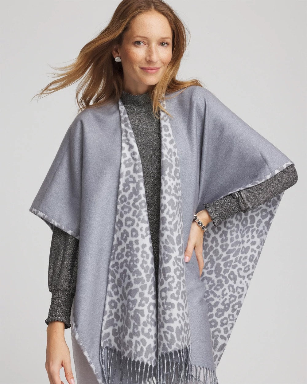 Chico's Reversible Animal Print Fringe Ruana Storm Cloud
