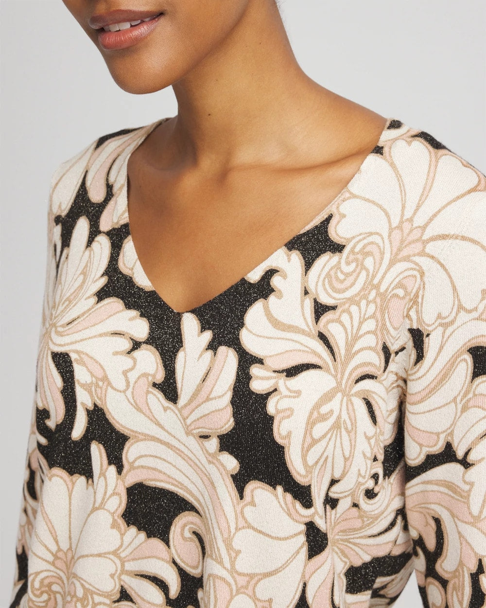 Chico's Ella Metallic V-Neck Sweater Purple Royale