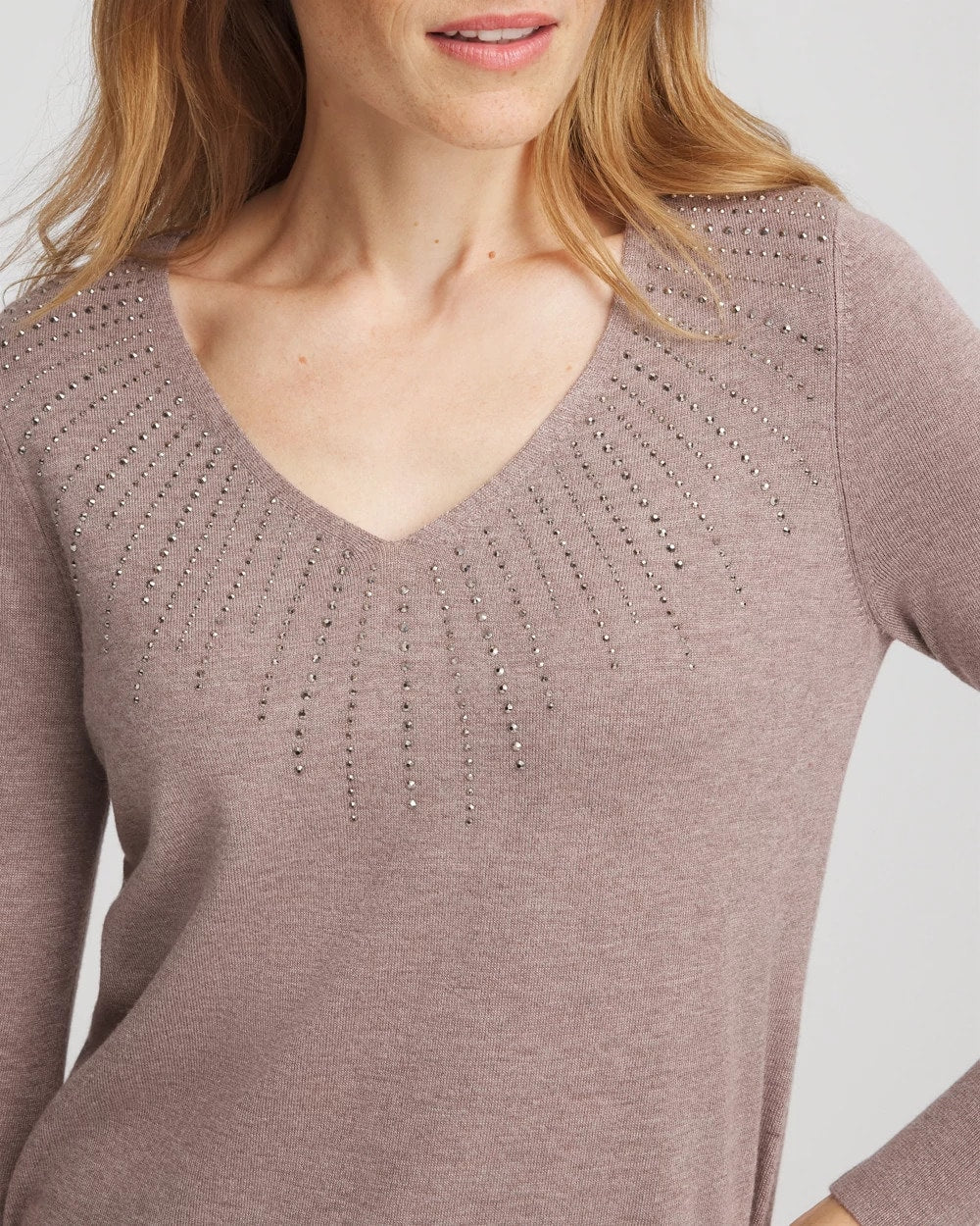 Chico's Ella Embellished V-Neck Sweater Taupe Heather