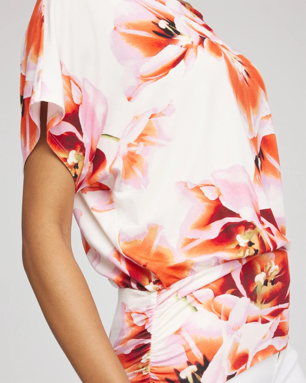 Chico's Touch of Cool™ Tropical Ruched Banded Hem Top Orange Tango