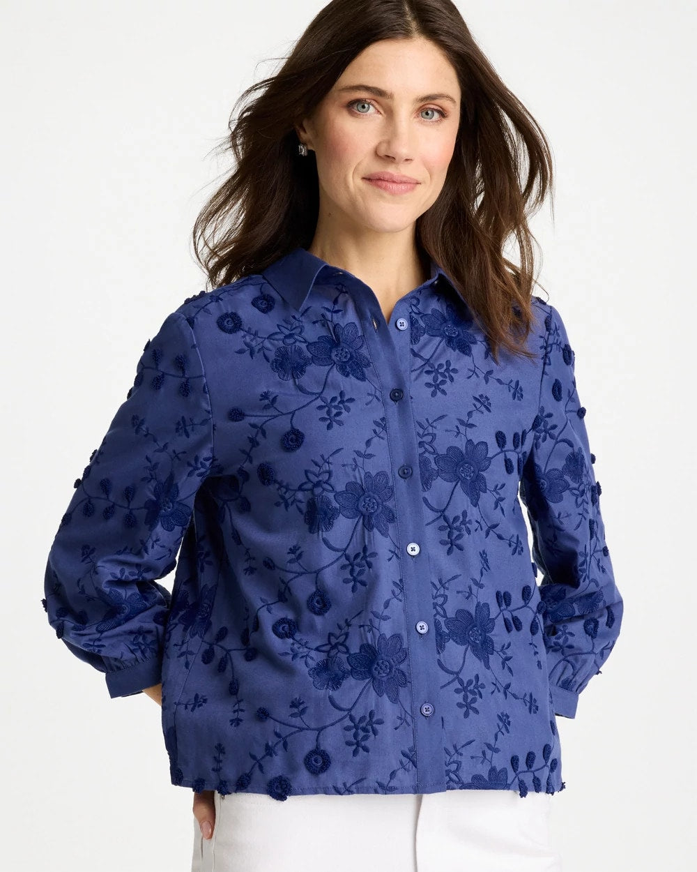 Chico's 3D Floral Embroidered Top Indigo