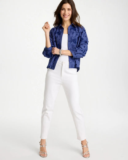 Chico's 3D Floral Embroidered Top Indigo