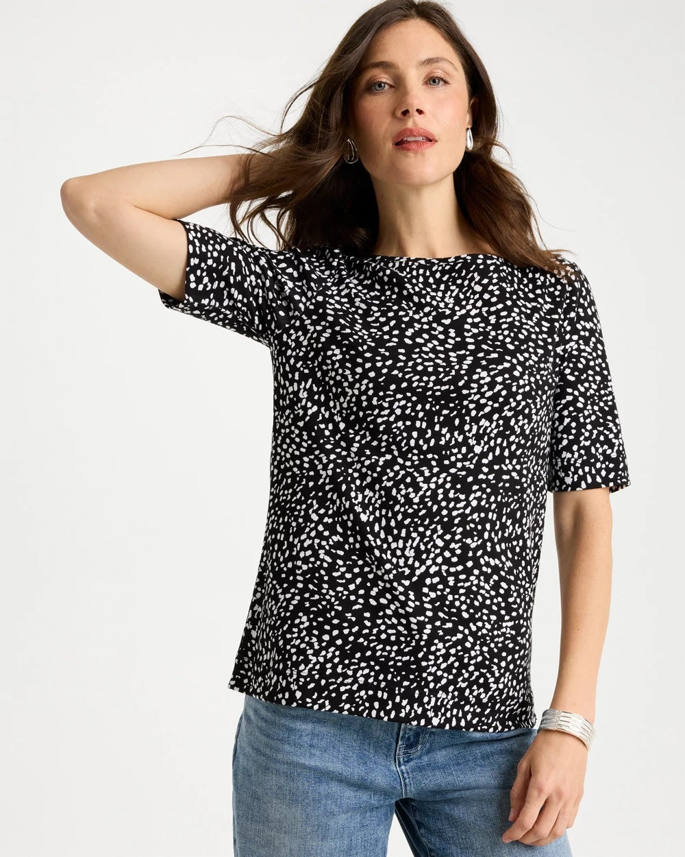 Chico's Printed Pima Elbow Sleeve Tee Black