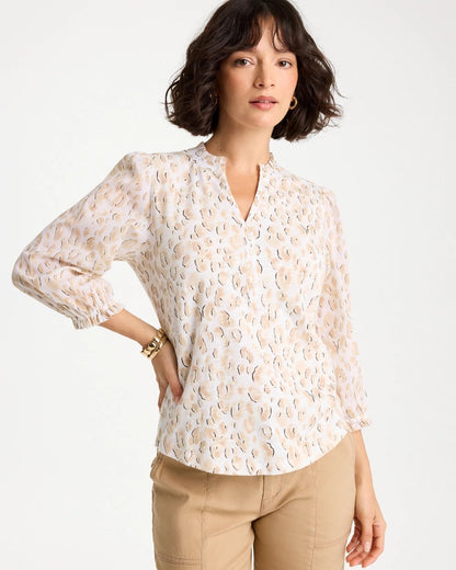 Chico's Animal Print Ruffled V-Neck Top Mocha Mousse