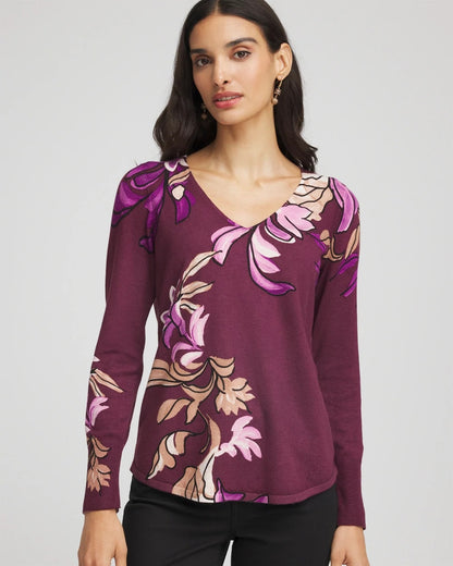 Chico's Ella V-Neck Artisanal Pullover Sweater Deep Chianti