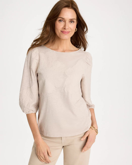 Chico's Etched Flora Balloon Top Smokey Taupe