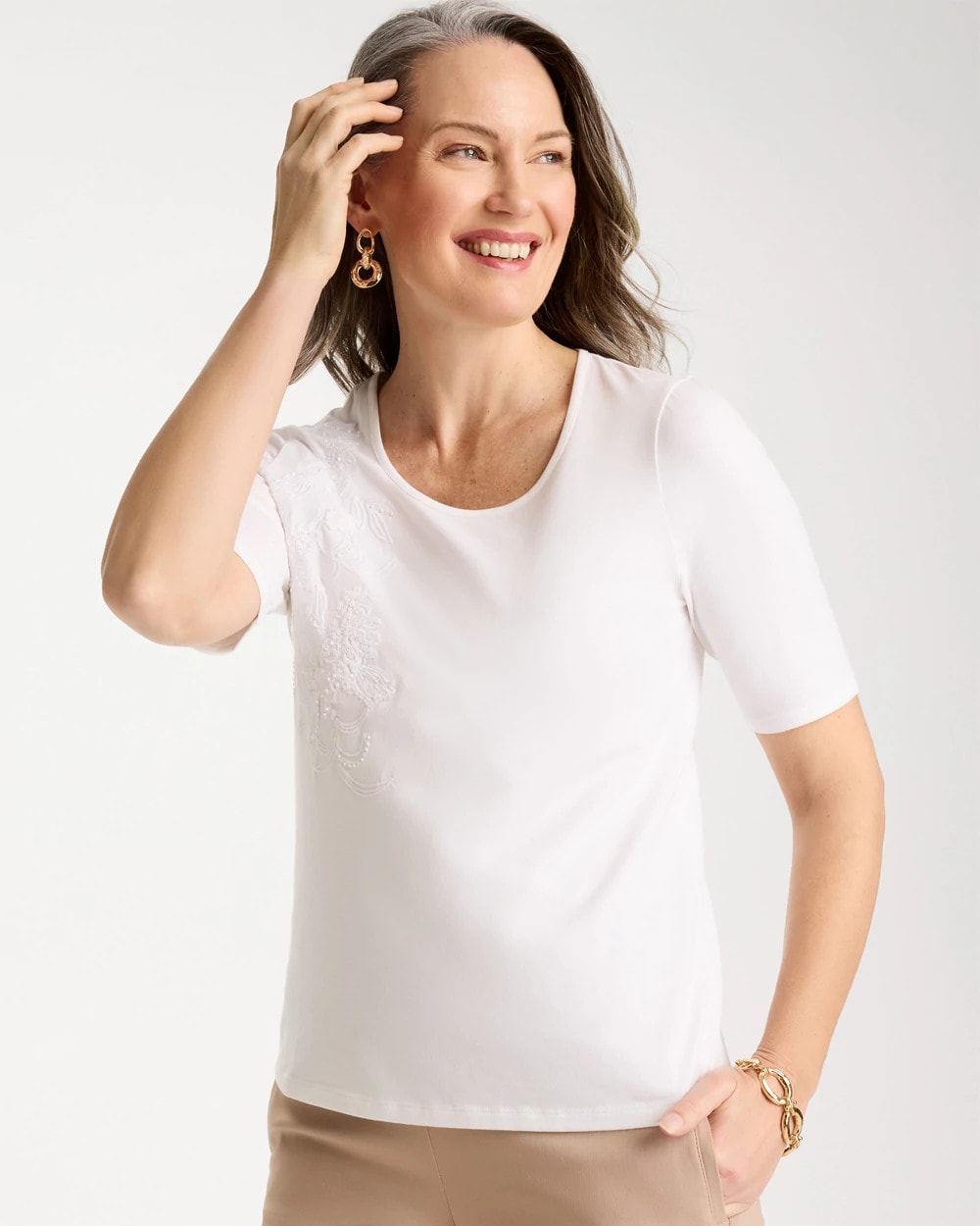 Chico's Sequin Embroidered Floral Tee Alabaster