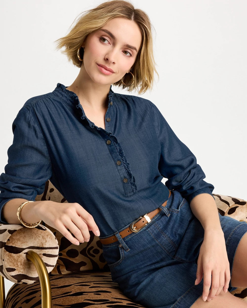 Chico's Tencel Denim Ruffled Popover Shirt Solana Indigo