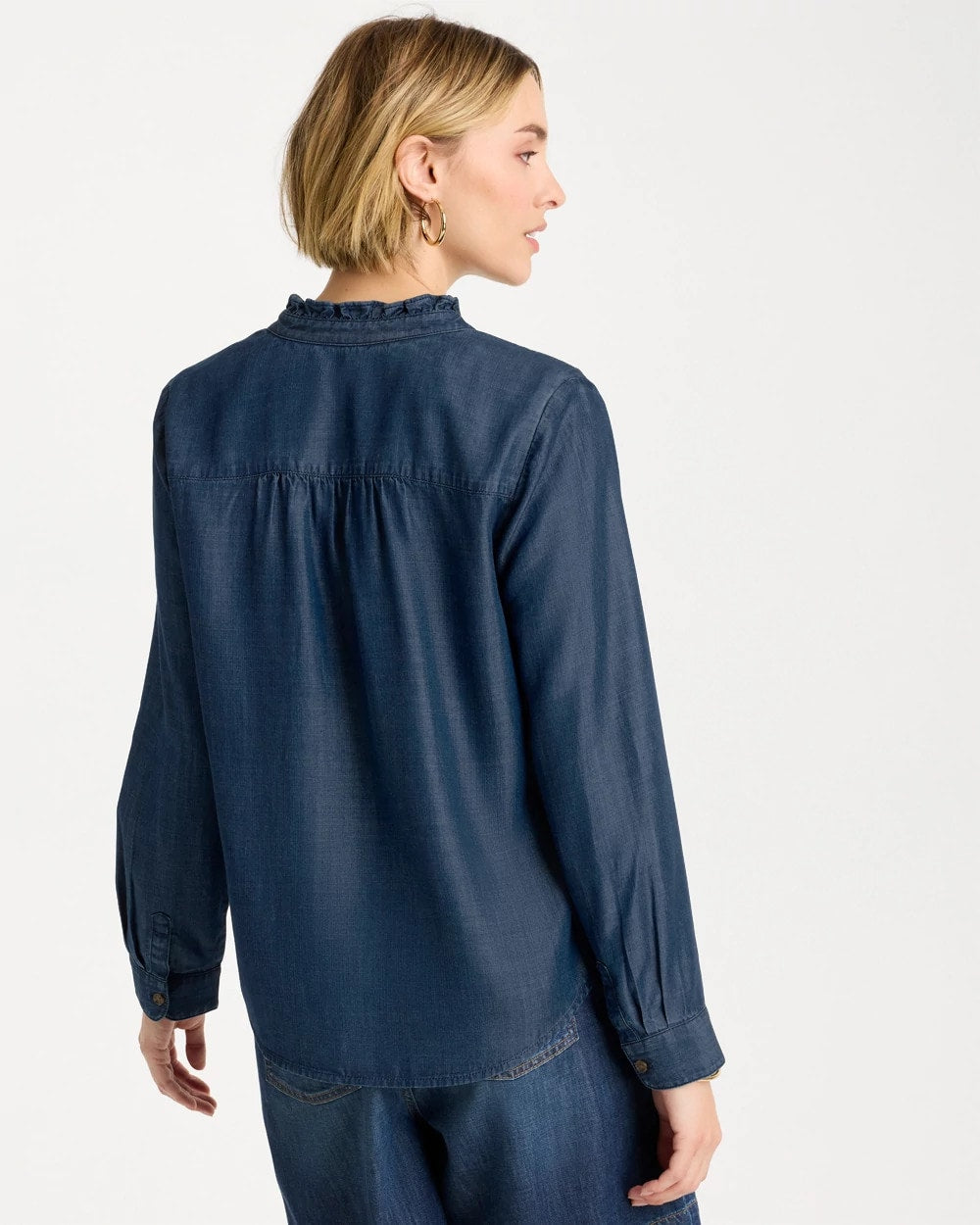 Chico's Tencel Denim Ruffled Popover Shirt Solana Indigo
