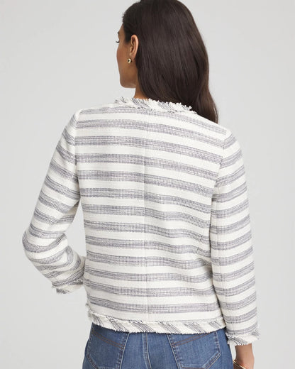 Chico's Striped Tweed Collarless Box Jacket Ecru
