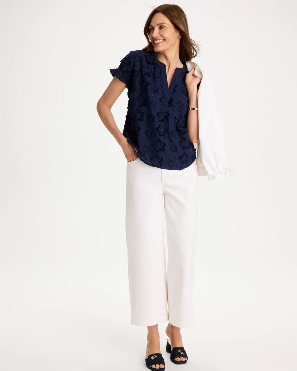 Chico's Cotton Embroidered Americana Star Blouse Passport Blue