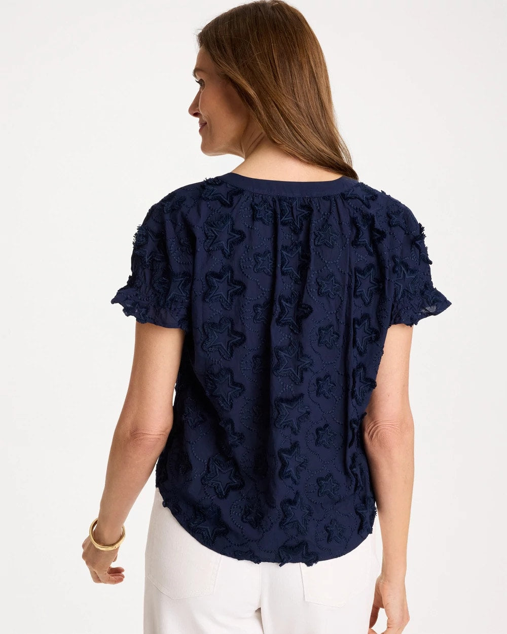 Chico's Cotton Embroidered Americana Star Blouse Passport Blue