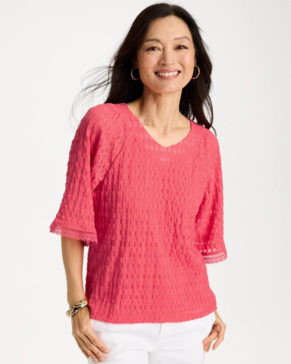 Chico's Crinkle Lace Knit Raglan Tee Calypso Coral
