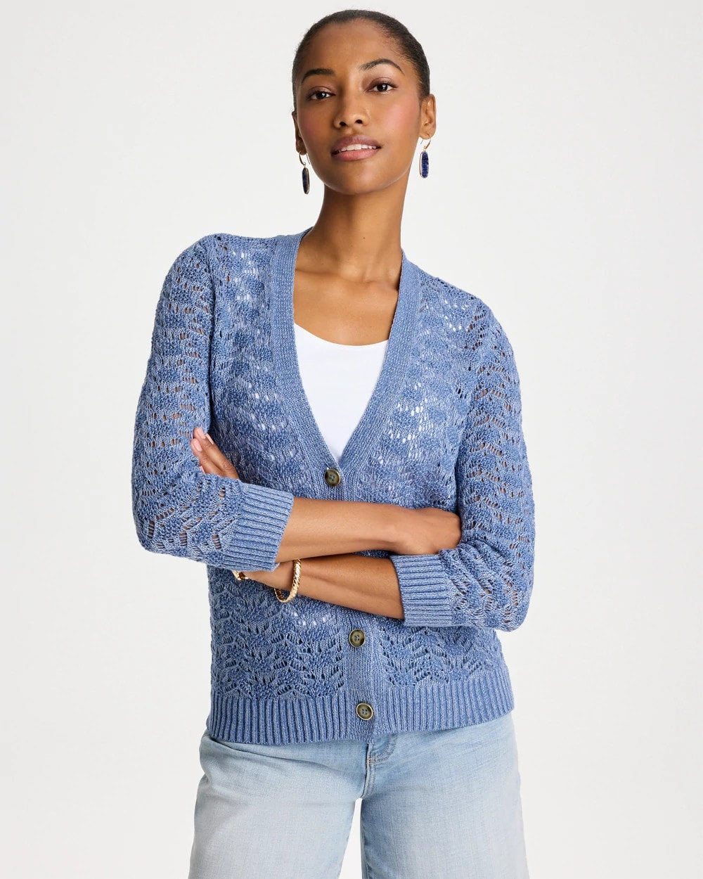 Chico's Crochet Knit Pointelle Cardigan Denim