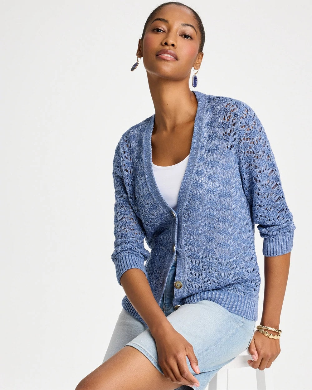 Chico's Crochet Knit Pointelle Cardigan Denim