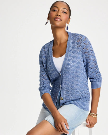 Chico's Crochet Knit Pointelle Cardigan Denim