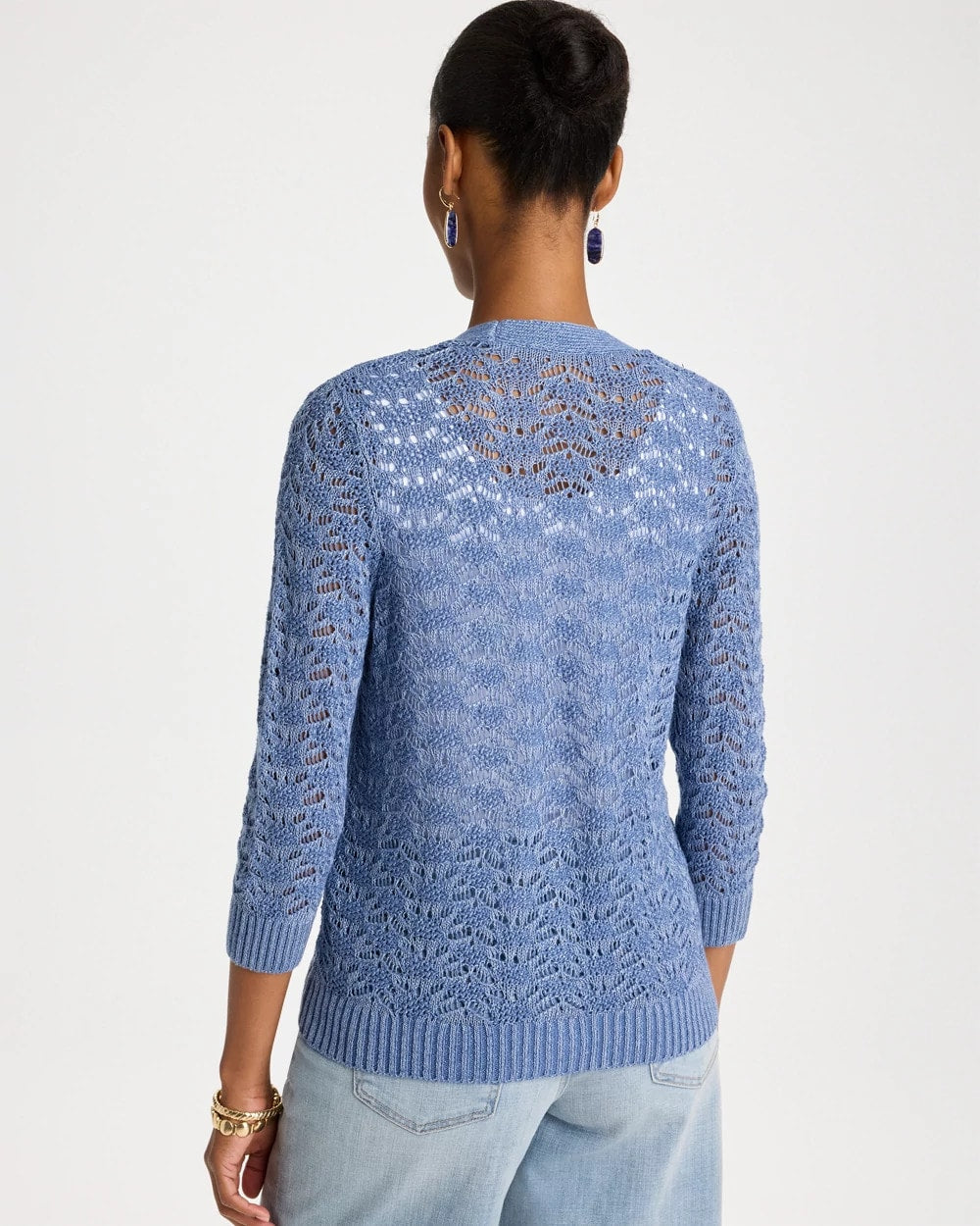 Chico's Crochet Knit Pointelle Cardigan Denim