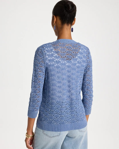 Chico's Crochet Knit Pointelle Cardigan Denim