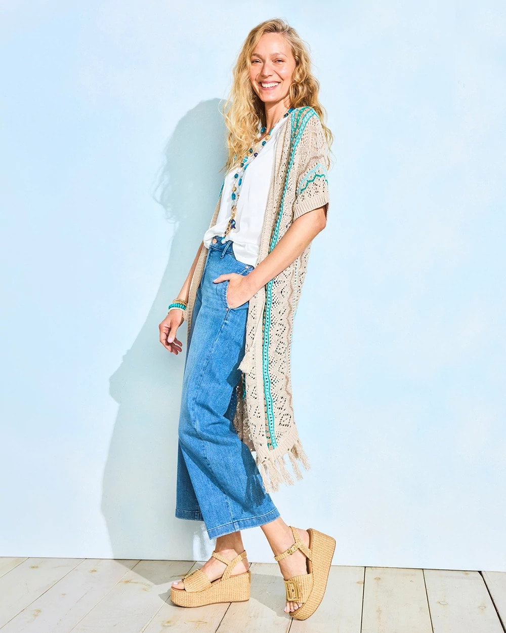 Chico's Rainbow Crochet Pointelle Vest Bondi Blue