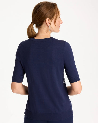 Chico's Ella Short-Sleeve Floral Sweater Passport Blue