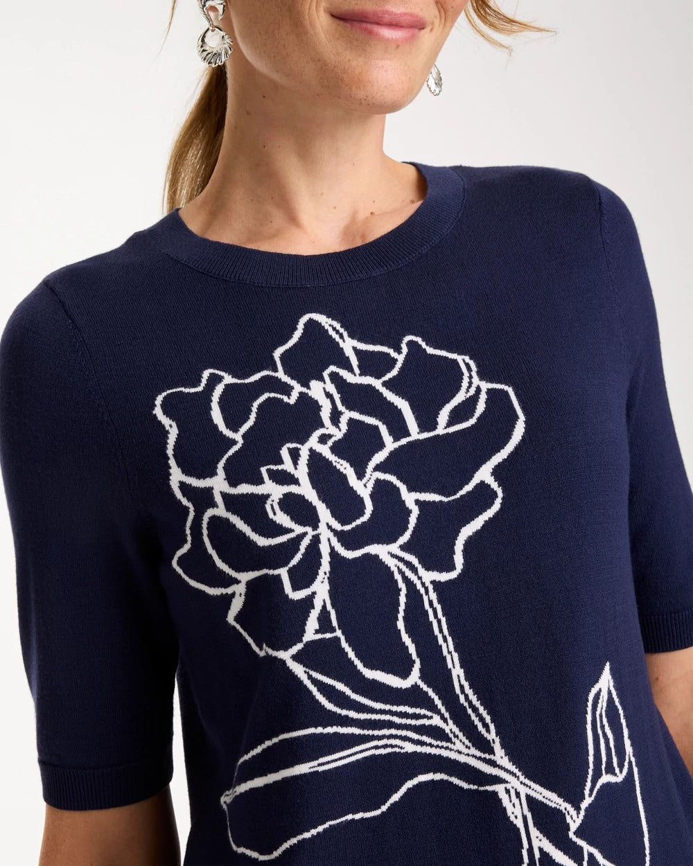 Chico's Ella Short-Sleeve Floral Sweater Passport Blue
