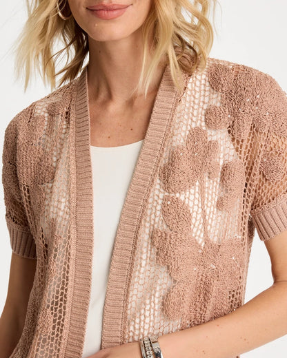 Chico's Cotton-Blend Crochet Cocoon Cardigan Mocha Mousse