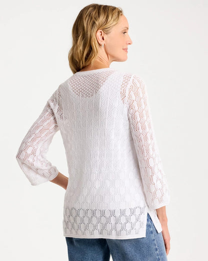Chico's Cotton-Linen Lace Notch-Neck Sweater Alabaster