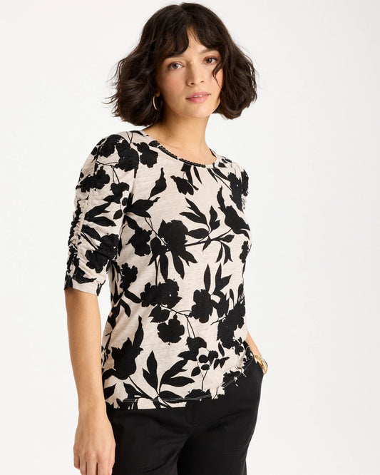 Chico's Flora Linen Ruched Sleeve Tee Black