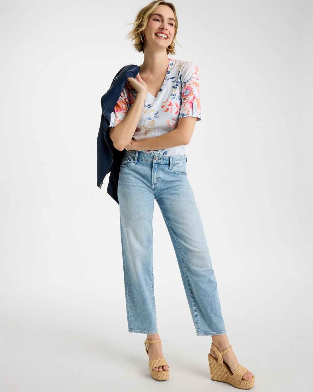 Chico's Pima Floral Elbow Sleeve Tee Calypso Coral