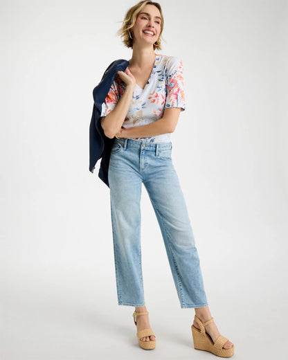 Chico's Pima Floral Elbow Sleeve Tee Calypso Coral