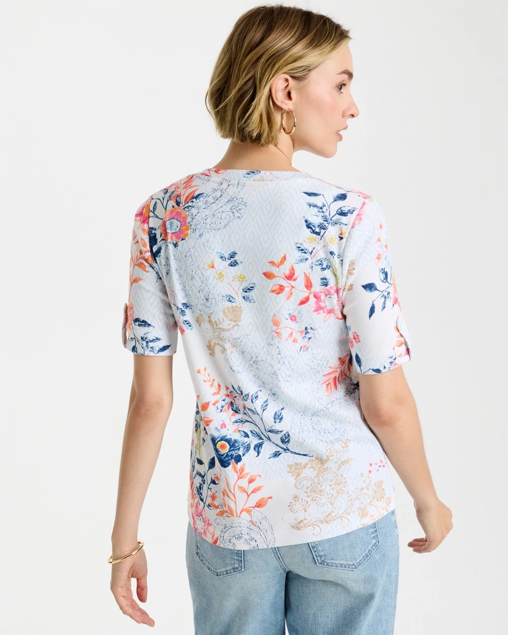 Chico's Pima Floral Elbow Sleeve Tee Calypso Coral