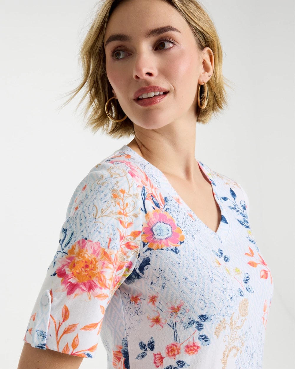 Chico's Pima Floral Elbow Sleeve Tee Calypso Coral