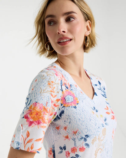 Chico's Pima Floral Elbow Sleeve Tee Calypso Coral