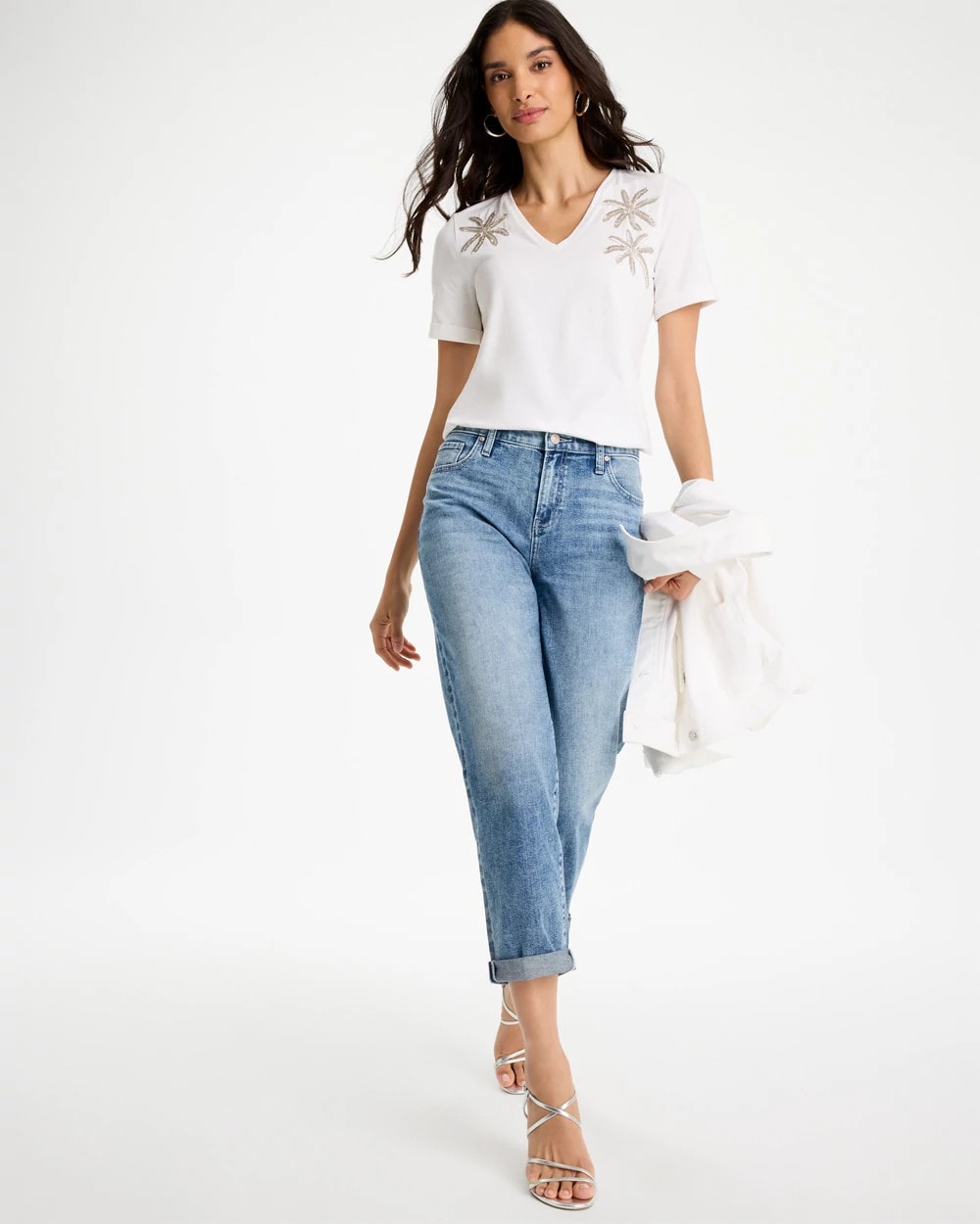 Chico's Cotton Stretch Palm Sequin Tee Alabaster