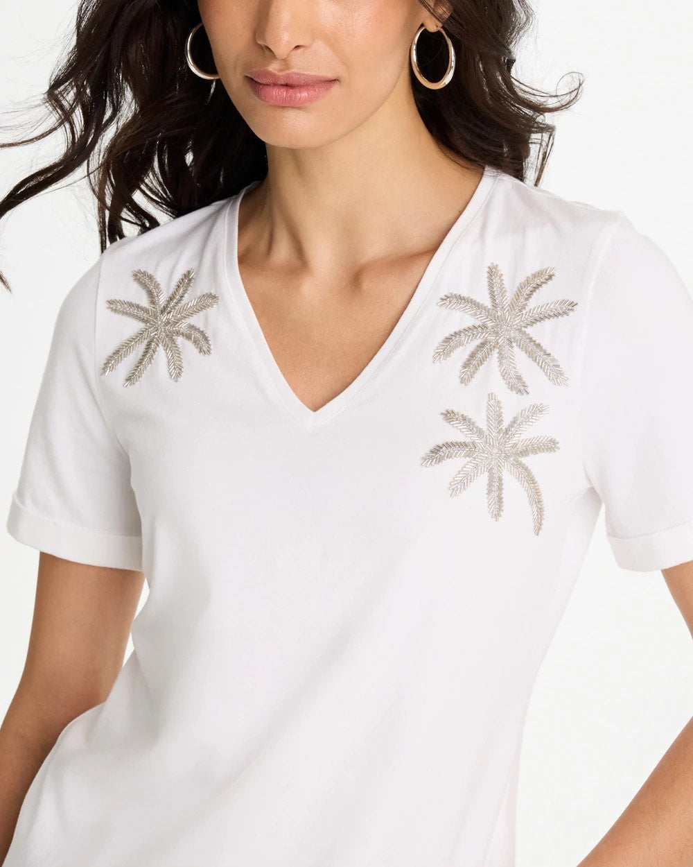 Chico's Cotton Stretch Palm Sequin Tee Alabaster