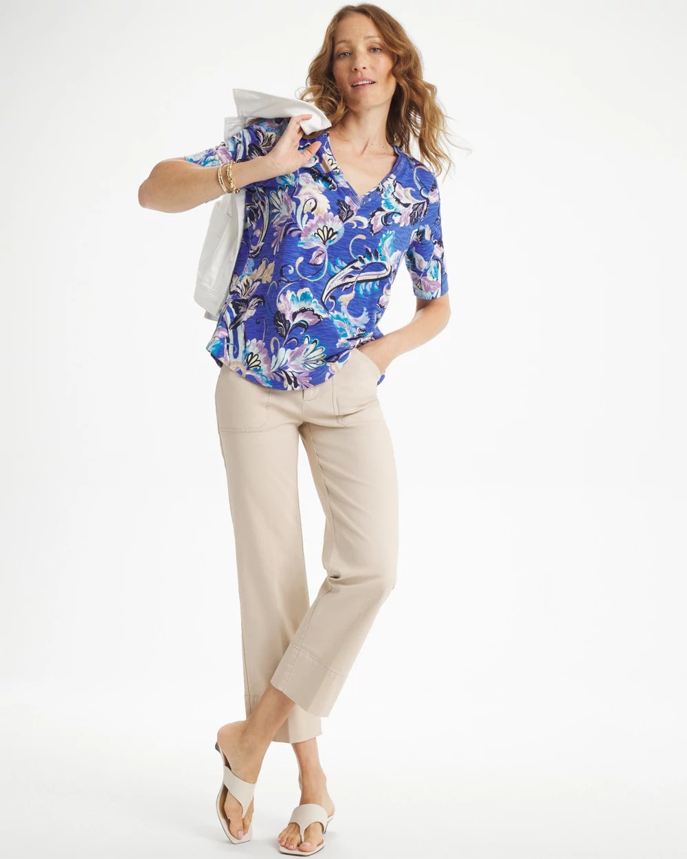 Chico's Paisley Cotton Slub V-Neck Tee Amparo Blue