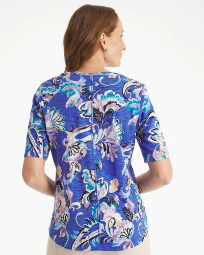 Chico's Paisley Cotton Slub V-Neck Tee Amparo Blue
