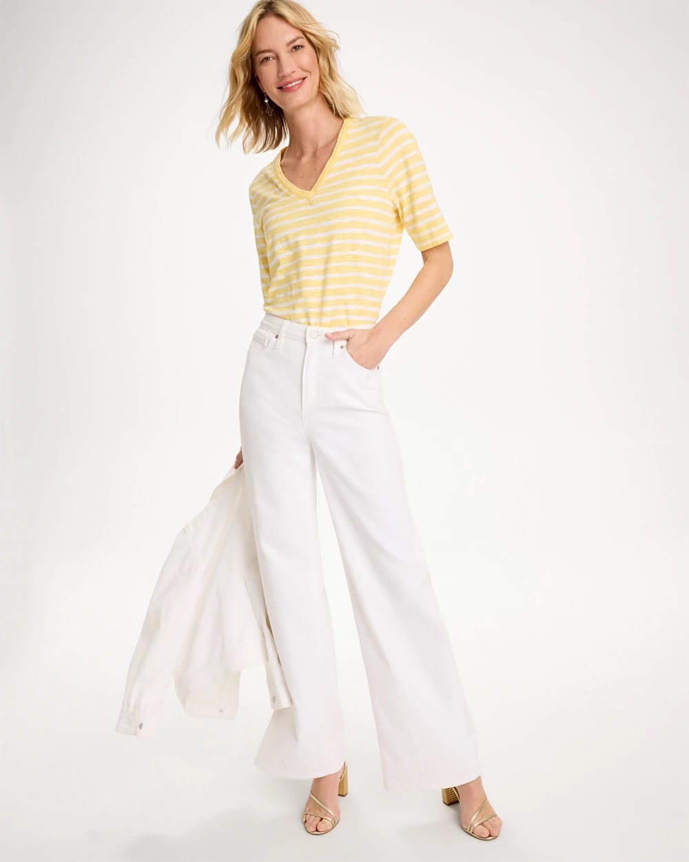 Chico's Striped Cotton Slub V-Neck Tee Golden Haze