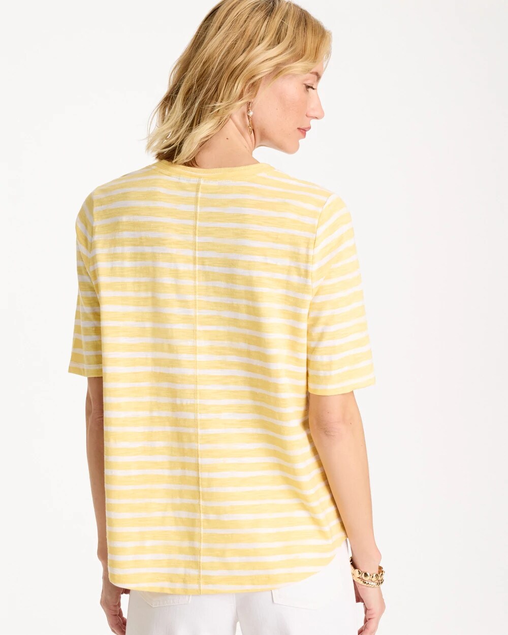 Chico's Striped Cotton Slub V-Neck Tee Golden Haze