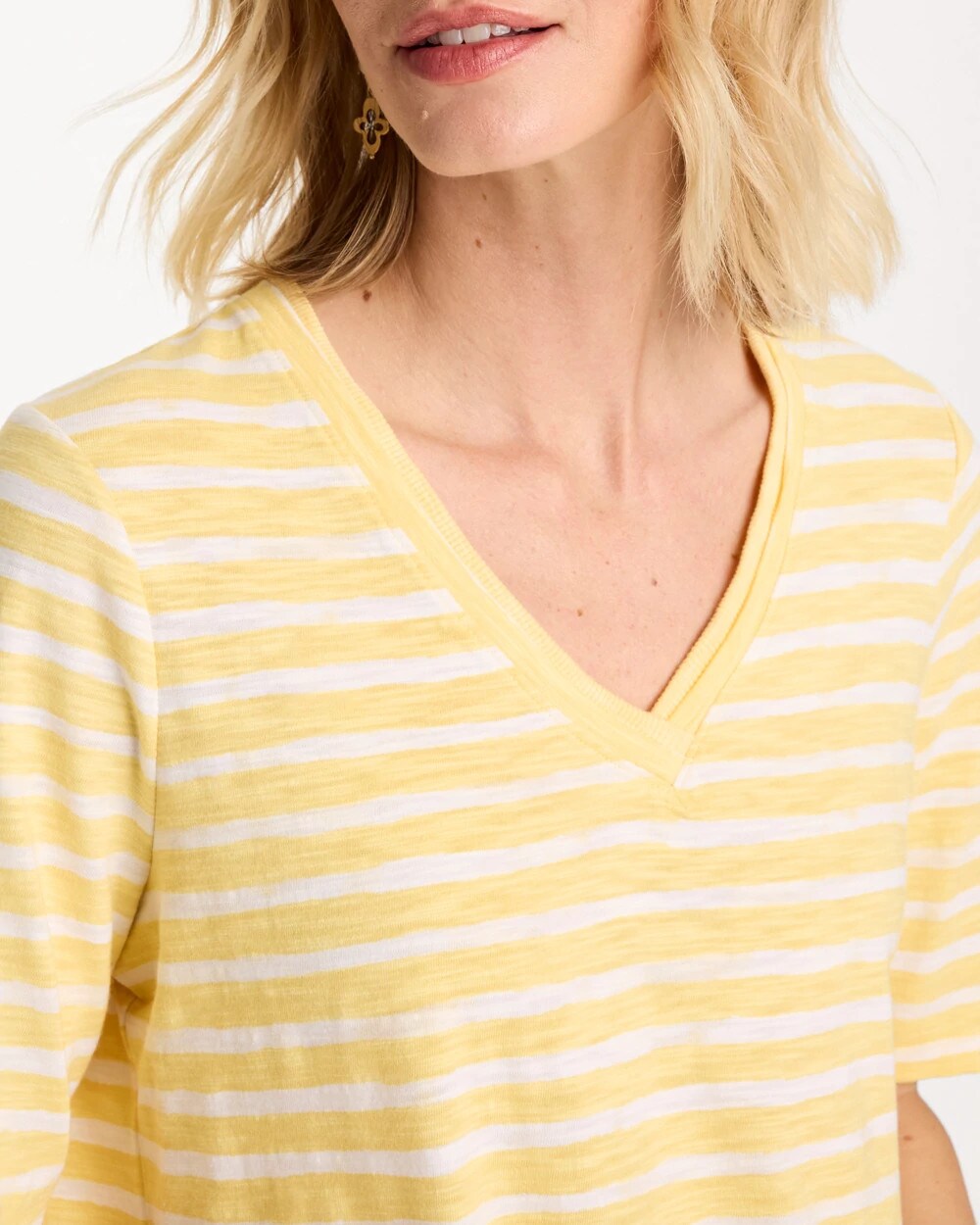Chico's Striped Cotton Slub V-Neck Tee Golden Haze