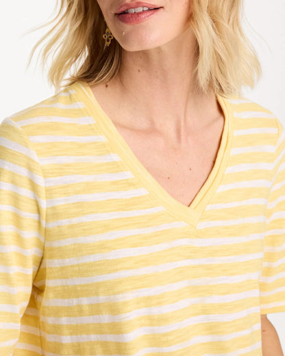 Chico's Striped Cotton Slub V-Neck Tee Golden Haze