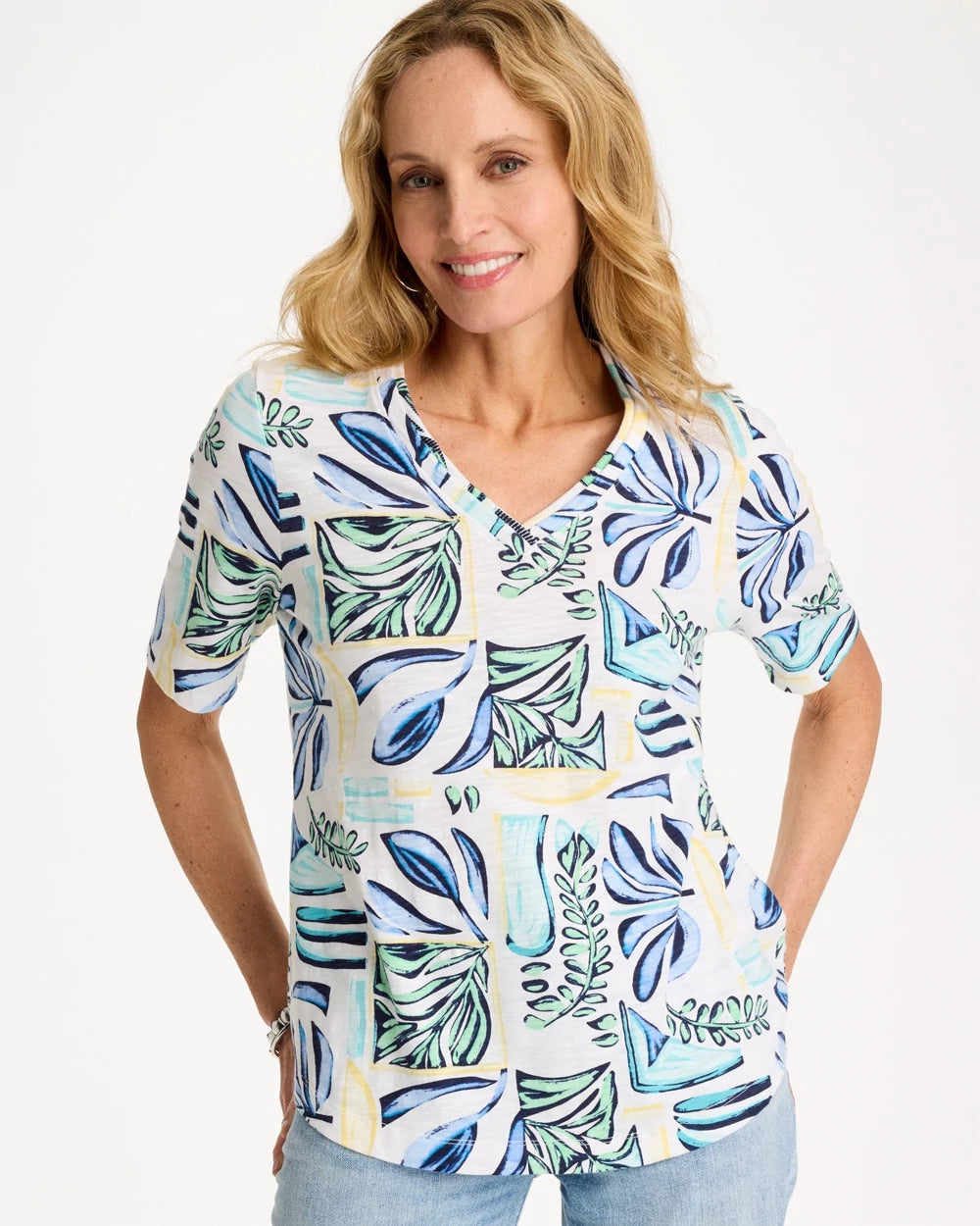 Chico's Palm Cotton Slub V-Neck Tee Green Clover