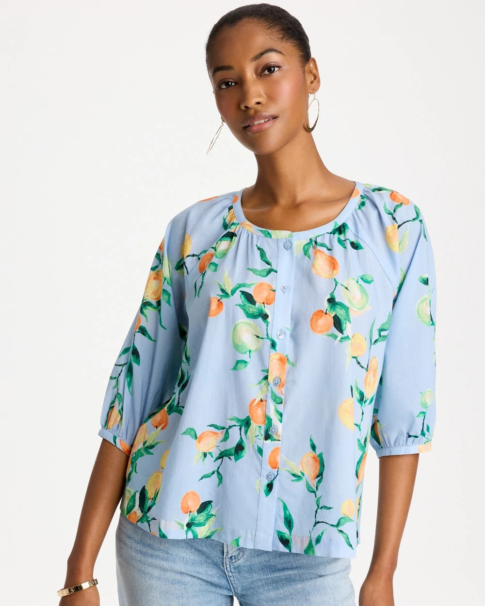 Chico's Cotton Voile Printed Blouse Bondi Blue