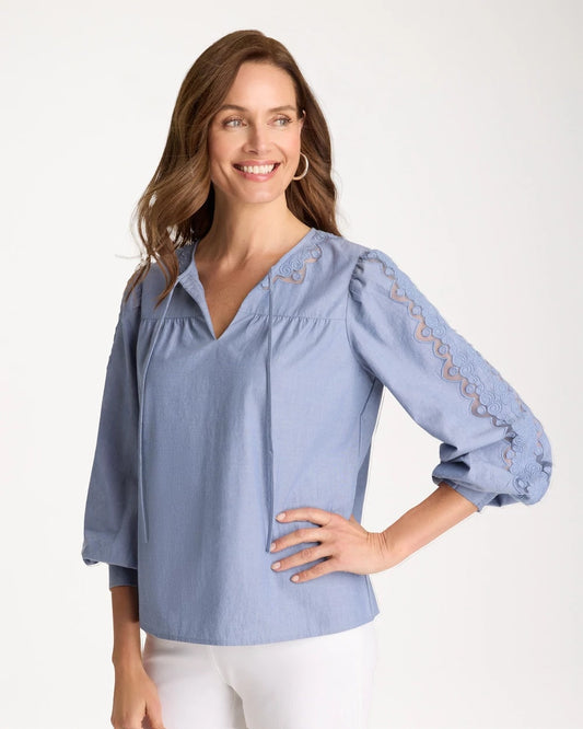 Chico's Chambray Lace Tie-Front Blouse Washed Indigo