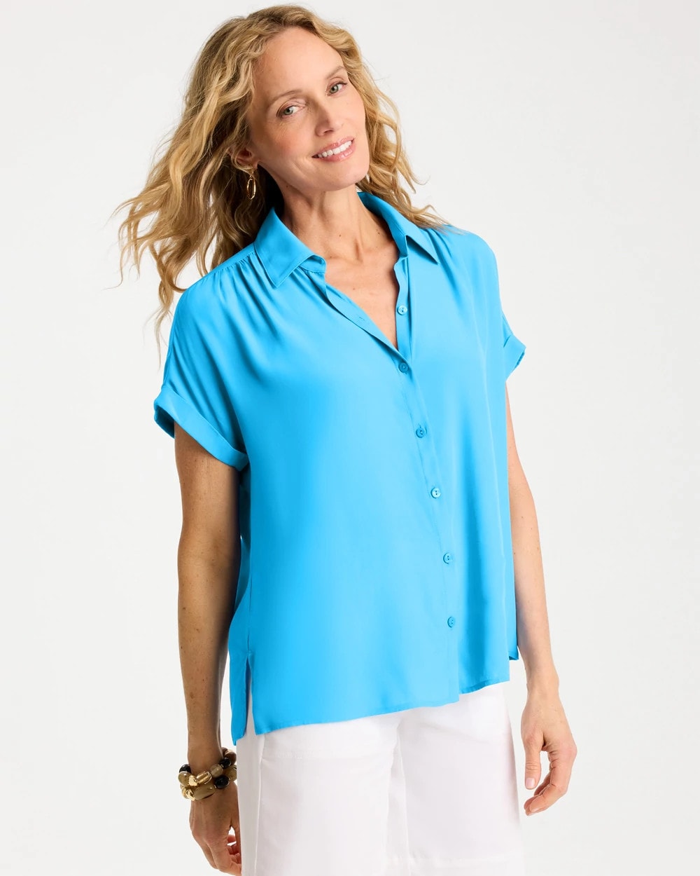 Chico's Faux Silk Henley Top Blue Tide
