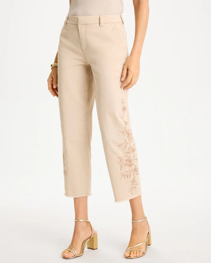 Chico's Relaxed Embroidered Fray Crop Pant Pale Sand